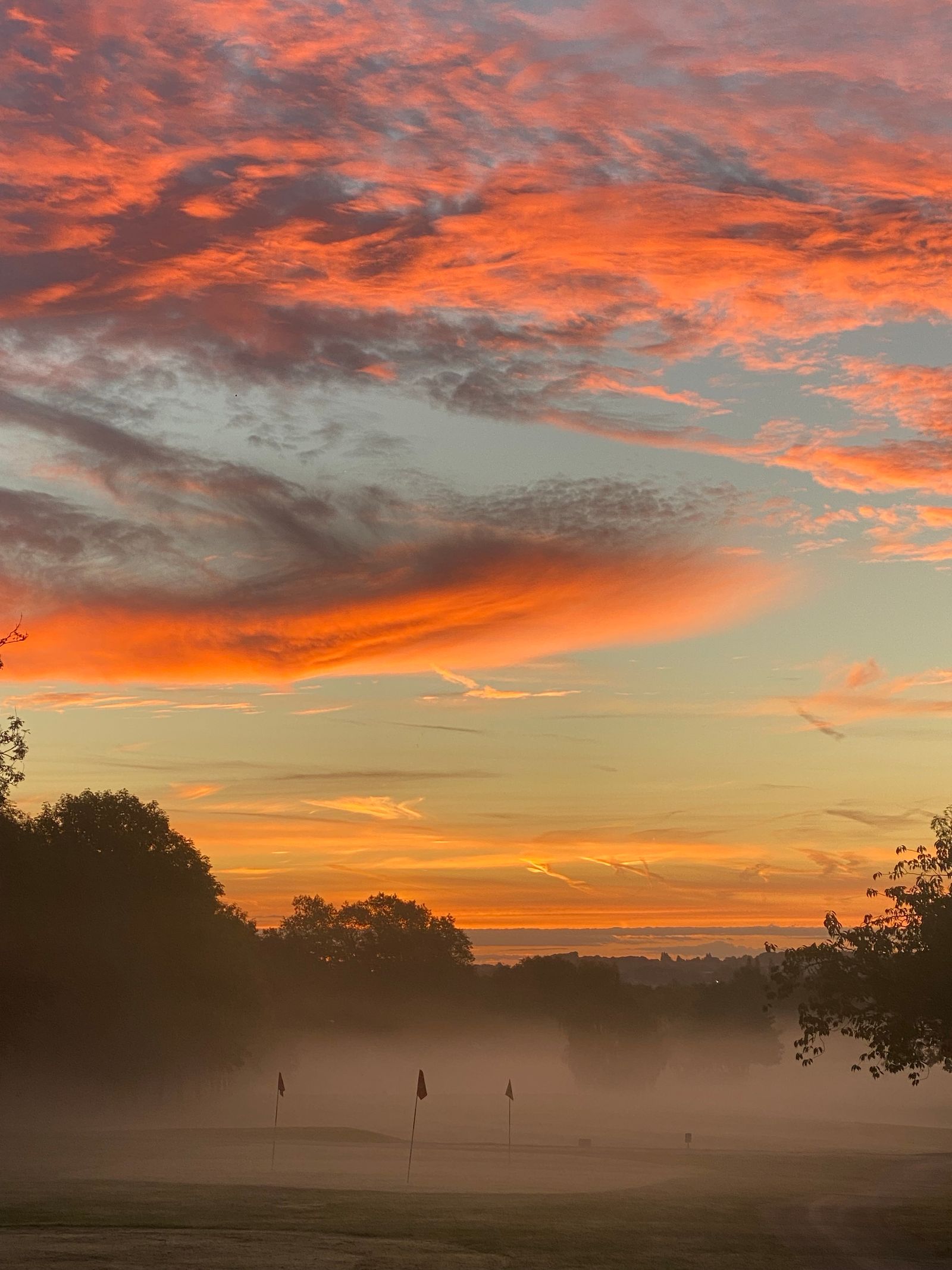 Flags over a misty golf course at sunrise